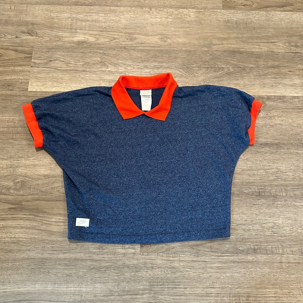 Vintage Nike Polo Shirt Womens Medium Blue Orange Batwing Made in USA 80s 90s